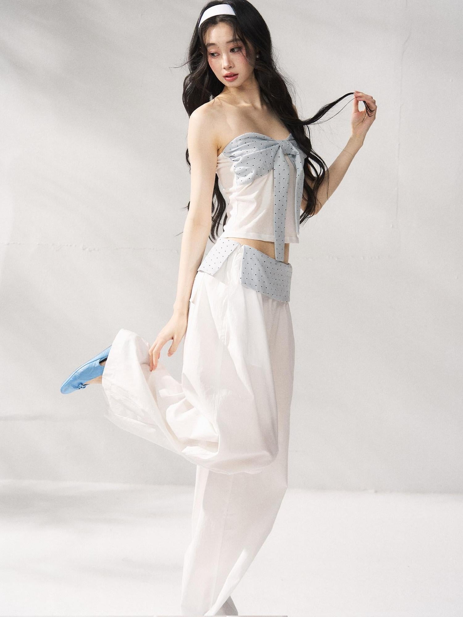 7Shiftin Polka Dot Bow Cropped Three Piece High Waist Sleeveless Women Top &amp; Pants Sets