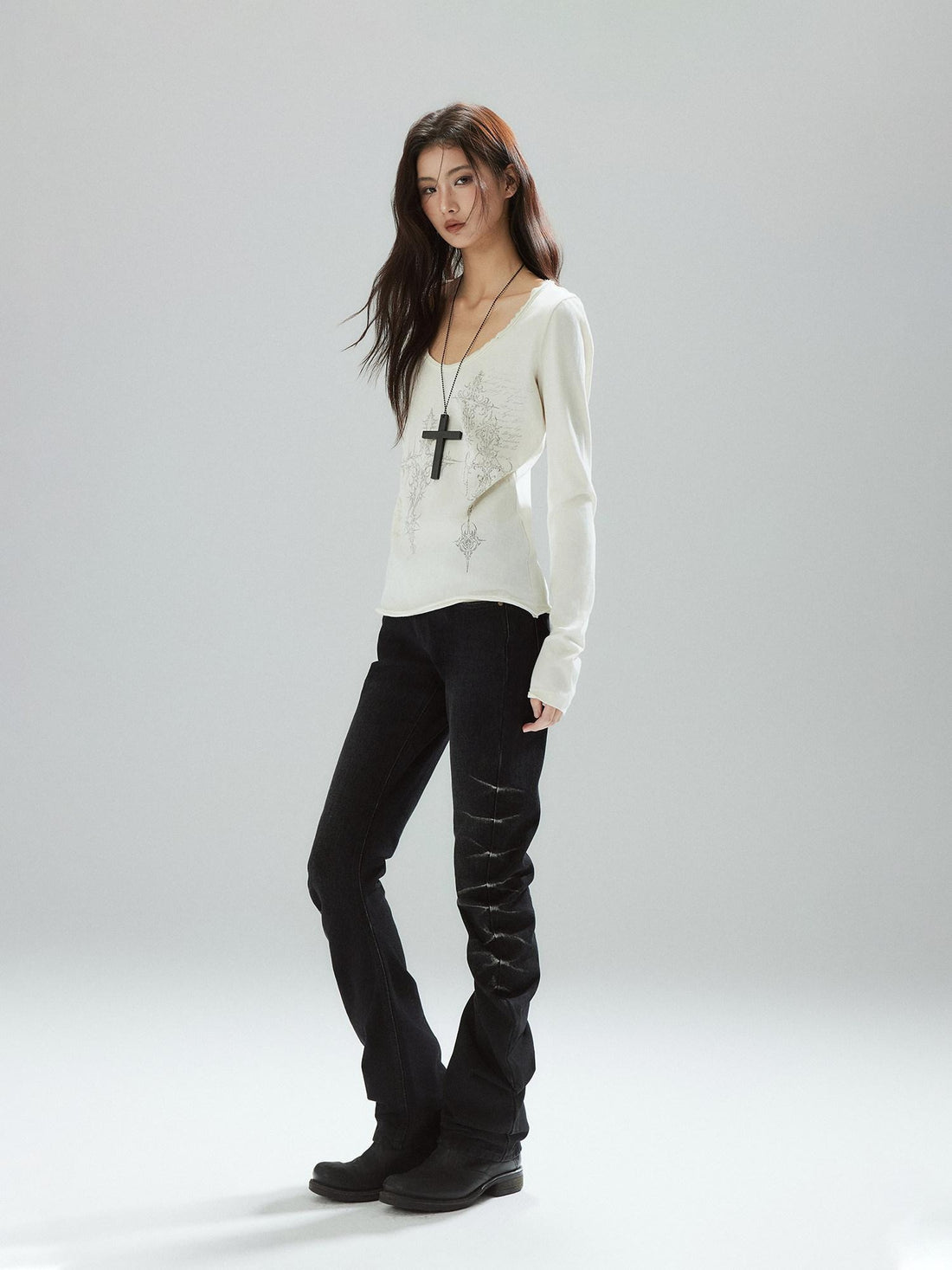 Low pixel Cotton Blend Streetwear Loose Fit Letter Print Crew Neck Long Sleeve T-Shirts