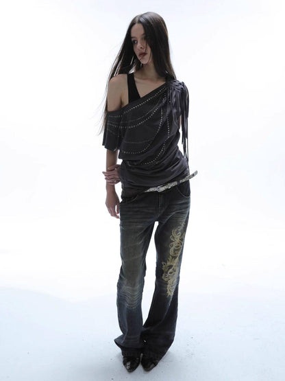 DoublePunch Baroque Print Distressed Micro Flare Women&