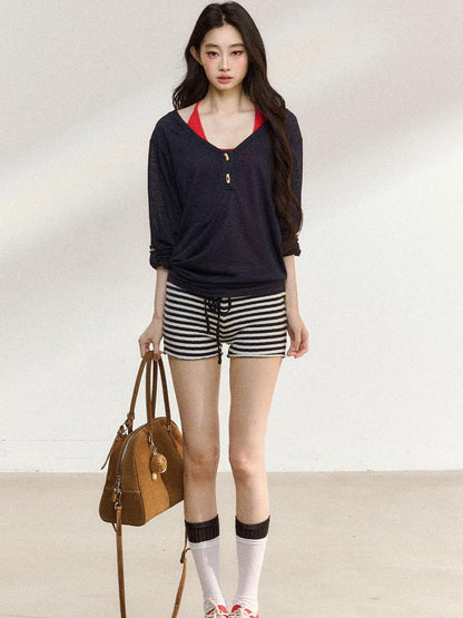 7Shiftin Layered Two Piece Casual Round Neck For Women Cami Coverup Long Sleeve T-Shirts