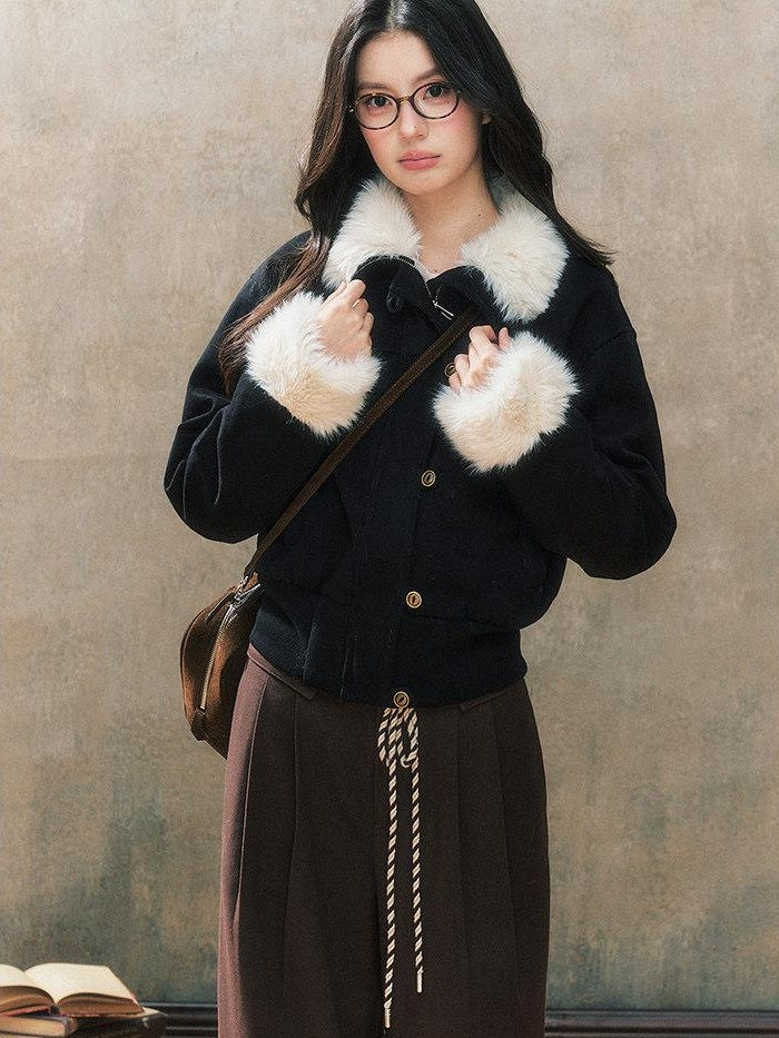 7Shiftin Original Slim Women Stand Collar Button Pocket Warm Black Fur Cropped Jackets