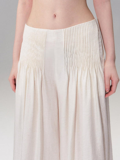 The NeverMore Lightweight Linen Blend Pleated Mid Waist Casual Women Off White Wide Leg Pants