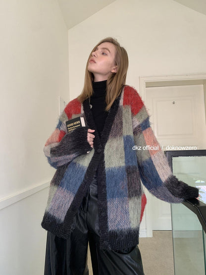DKZ OFFICIAL Retro Colorful Plaid Knit Buttoned Loose Women&