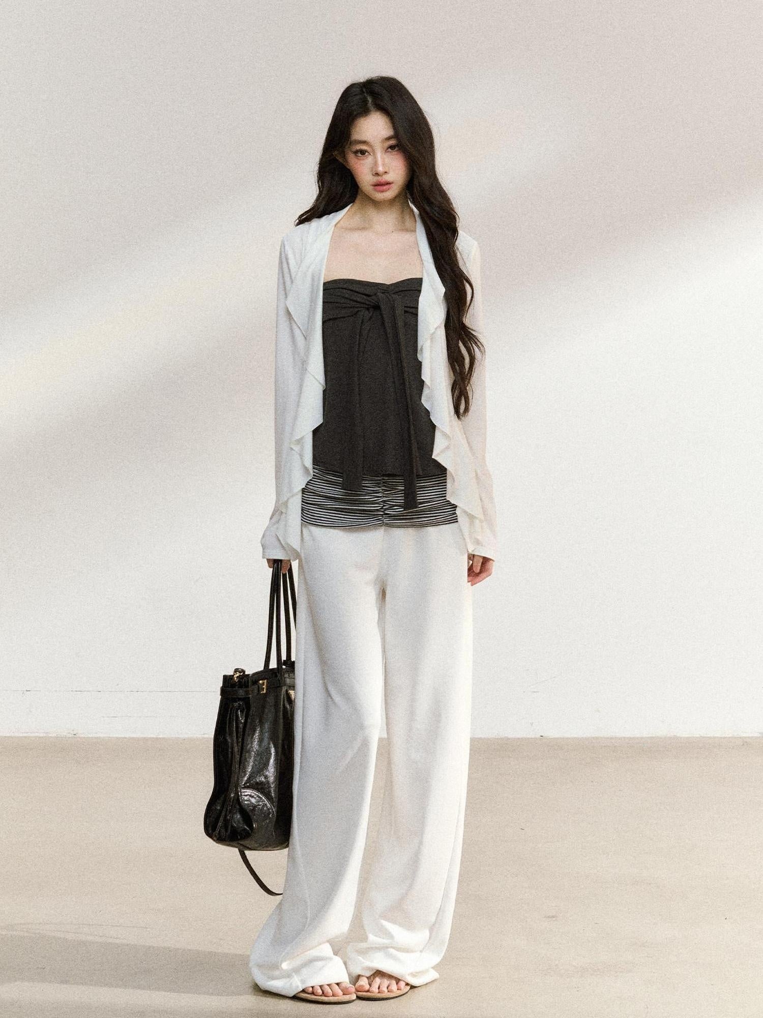 7Shiftin Two Piece V-neck Long Sleeve Casual Layered Set Women White Gray Blouses