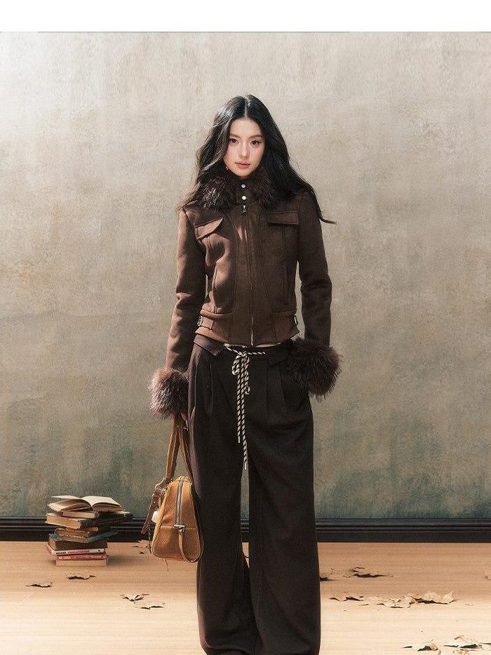 7Shiftin Brown Drawstring Pocket Natural Waist Original Straight Women Wide Leg Pants