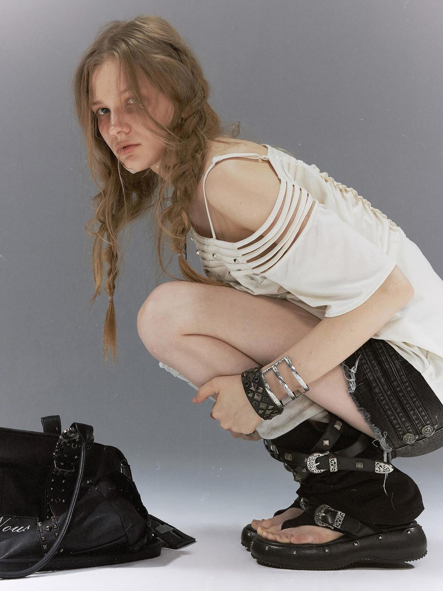 Cest Nous Grunge Punk Studded Dual Strap Detachable Women&