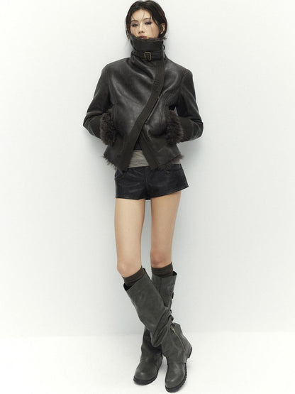 Low pixel Warm Faux Shearling Waisted Gothic Short Zip Women Coffee Cropped Jackets