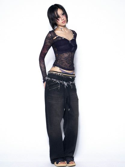 OPEN AESTHETIC Dark Blue Purple Lace Cutout Heart Women&