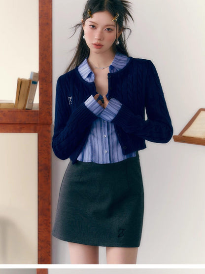 7Shiftin Crop Two Piece Casual Short Length Layered Set For Women Blue White Shirts