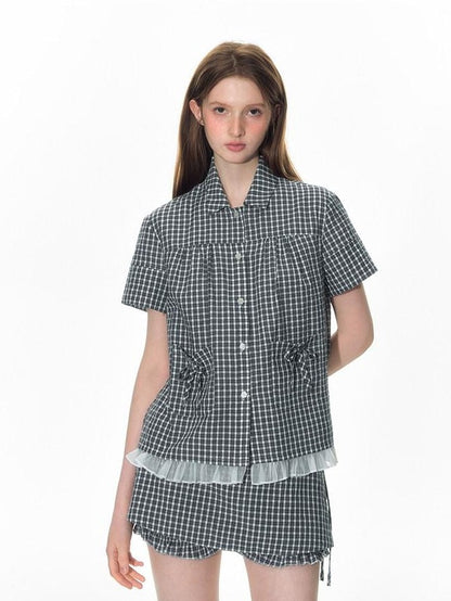 NAPSNAPS Check Patchwork Two Piece Illusion Spliced Gauze Women&