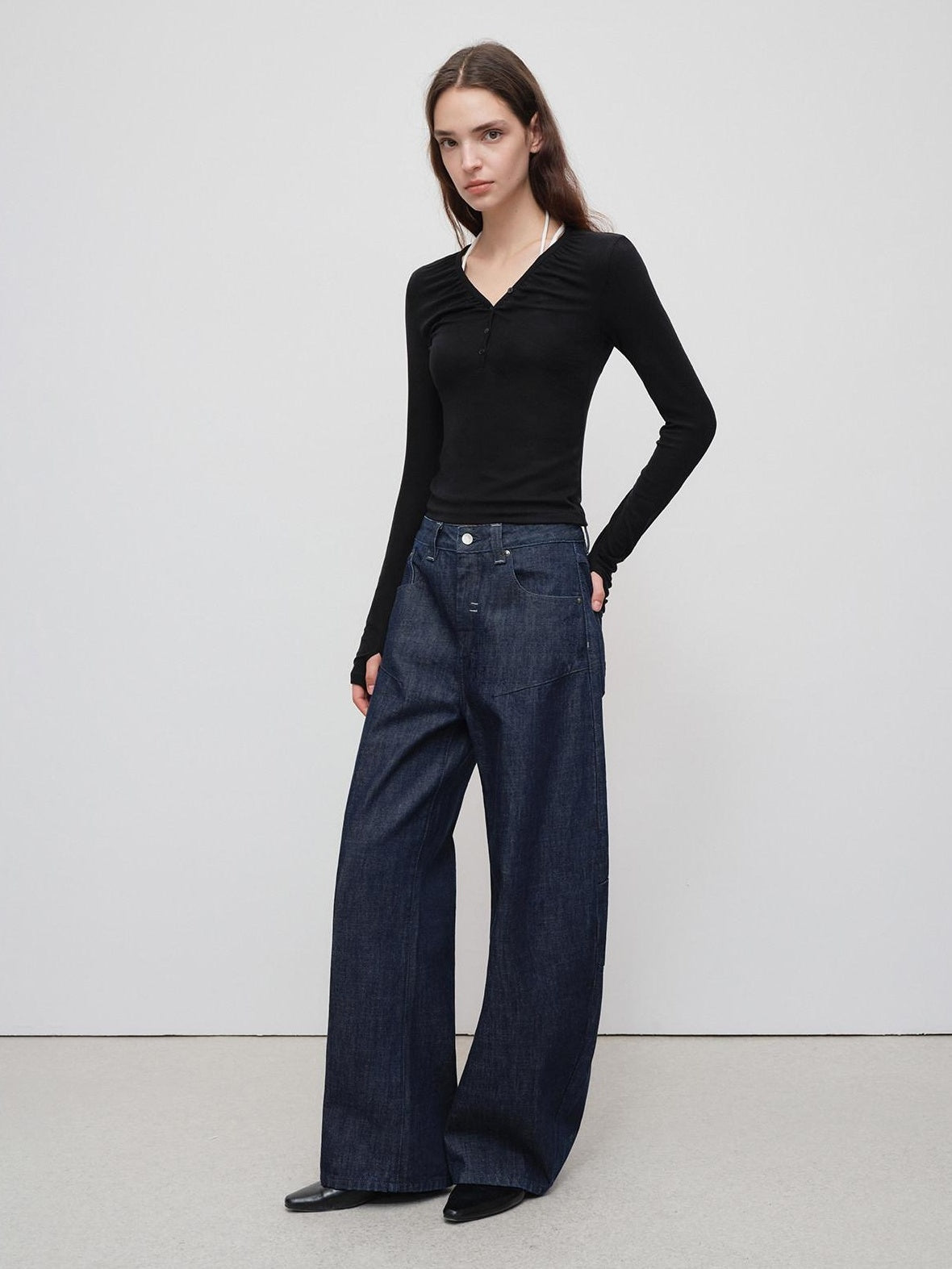 RUN TO THE FUTURE Breathable Cotton Pleated Loose Wide Leg Low Rise Women Raw Denim Straight Jeans