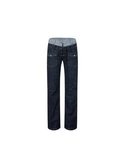 DoublePunch Vintage Flare Denim Jeans With Double Waistband Slim Fit