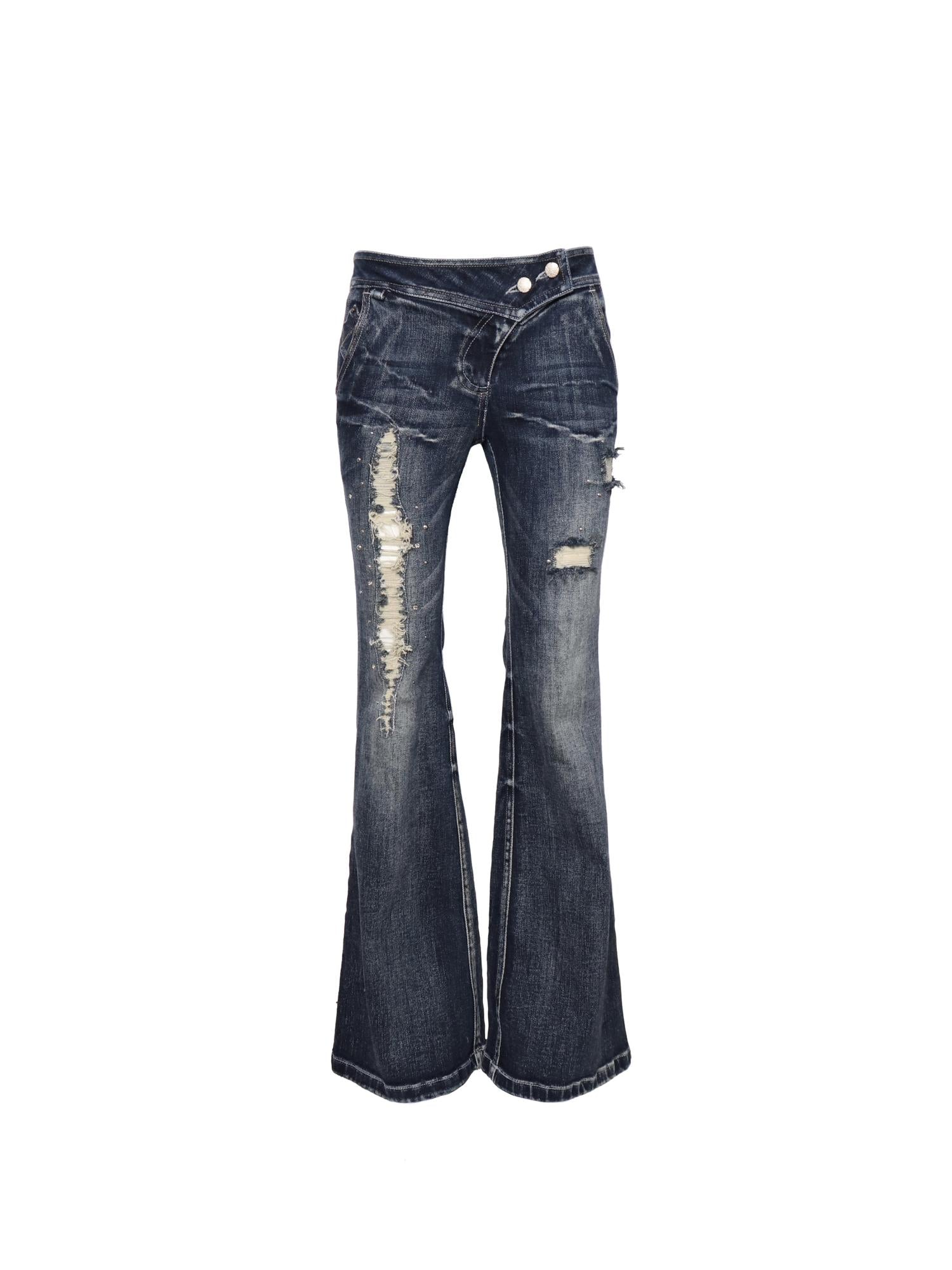 Flowers birds Market Ripped Rhinestone Distressed Slim-Fit Stretch Denim Flared Trousers