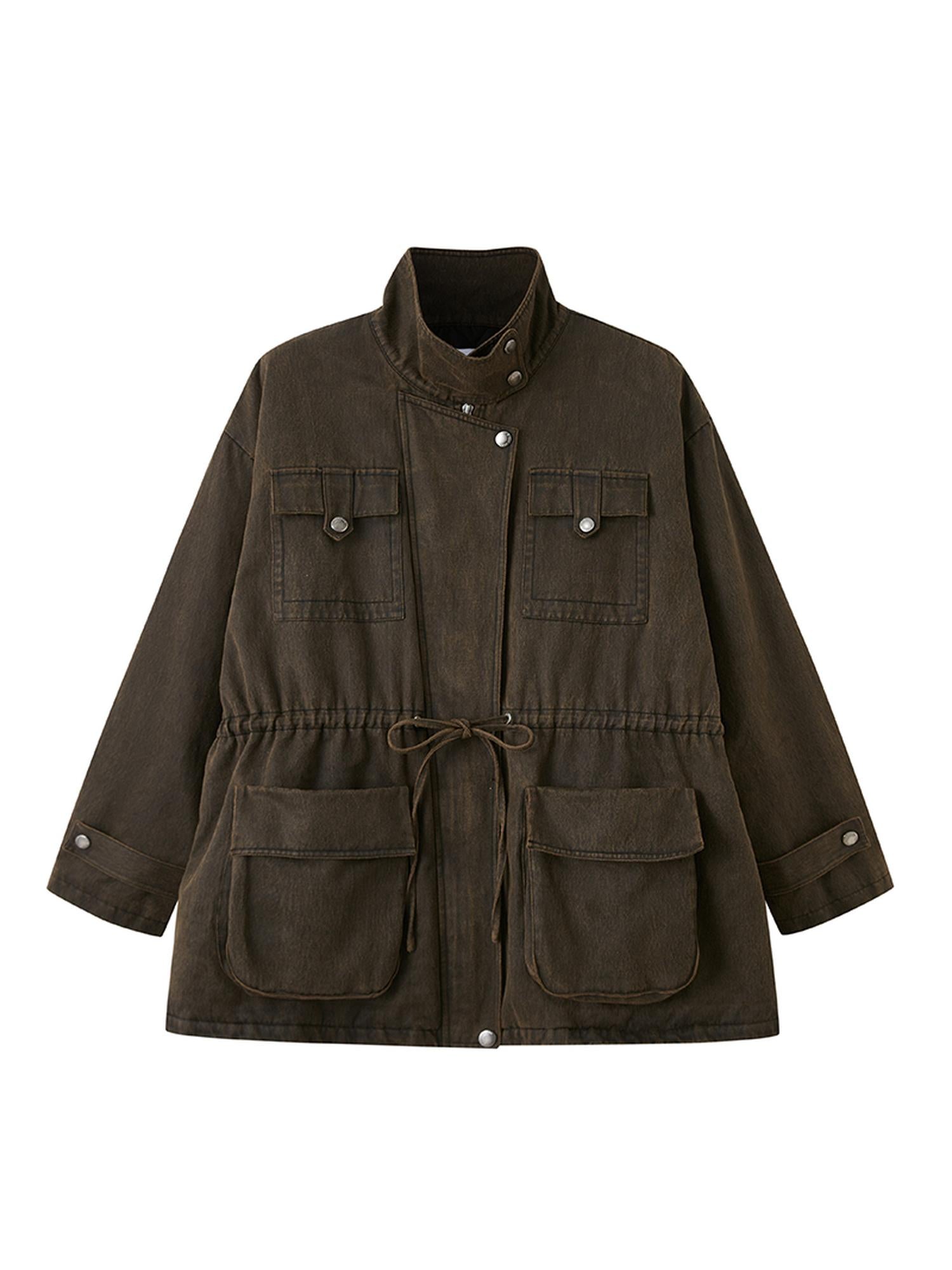 DIDDI MODA Vintage Washed Suede Bomber Jacket With Utility Pockets