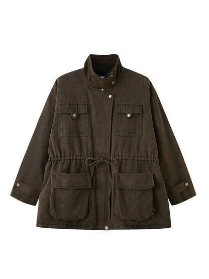 DIDDI MODA Vintage Washed Suede Bomber Jacket With Utility Pockets