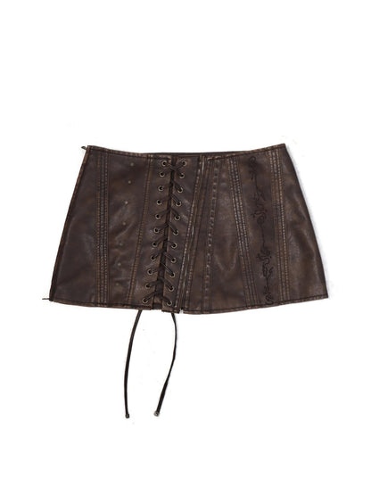 Flowers birds Market Washed Stitching Embroidered Leather Skirt