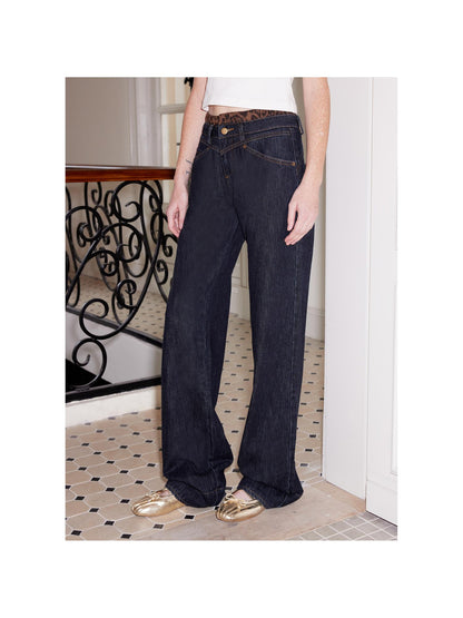 2th Desire Flared Patchwork Leopard Check Lace Flare Jeans With Detachable Skirt