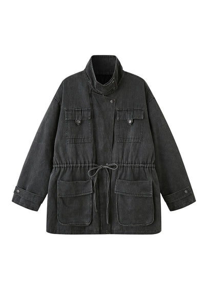 DIDDI MODA Vintage Washed Suede Bomber Jacket With Utility Pockets