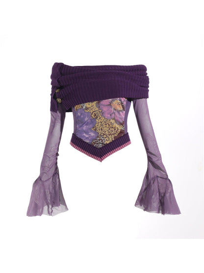 Flowers birds Market Knitted Pile Collar Printed Mesh