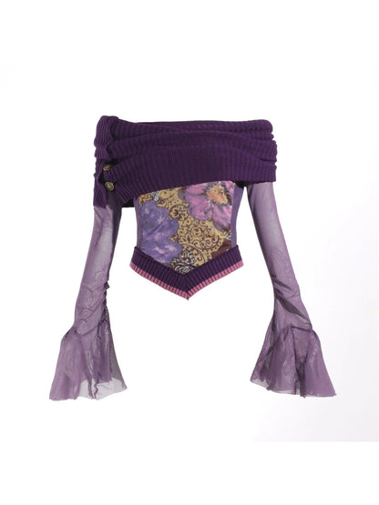 Knitted Pile Collar Printed Mesh