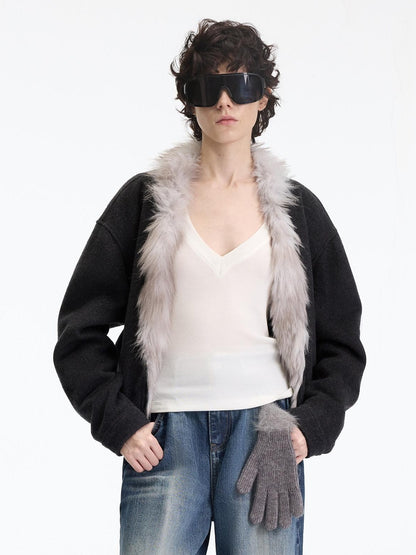 RUN TO THE FUTURE Warm Thick Patchwork Casual Zip Front Fur Collar Women Black Cardigans