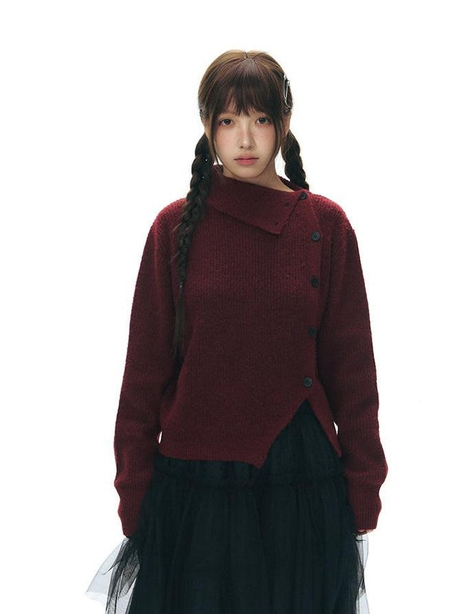 NAPSNAPS Rust Red Asymmetrical Placket Knit Mock Neck Women&