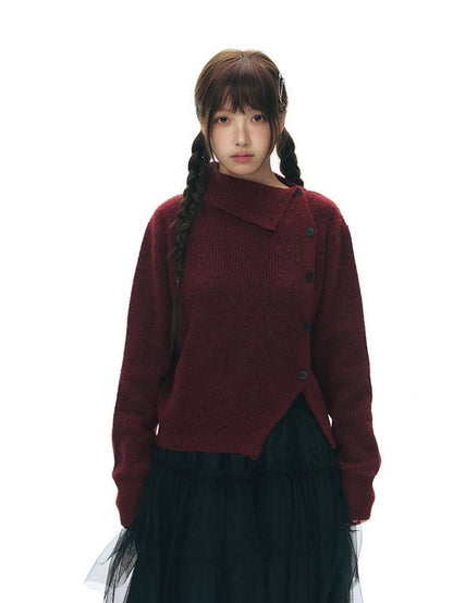 NAPSNAPS Rust Red Asymmetrical Placket Knit Mock Neck Women&