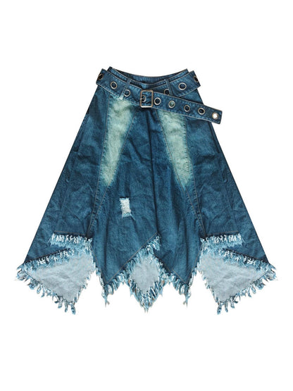WSW WUSHENWU Vintage Fringe Raw Hem Denim Skirt Free Spirit Industrial Chic