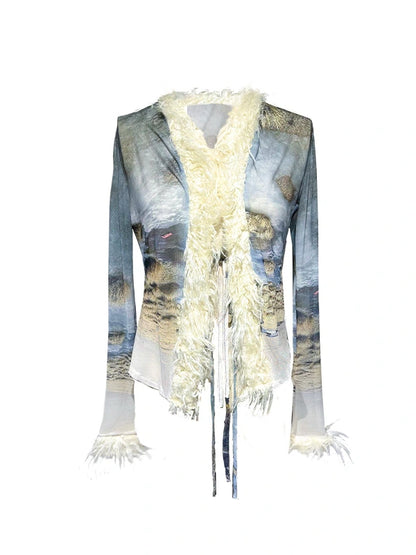 Ethnic Print Sheer Fluffy Stretch Fitted Cardigan
