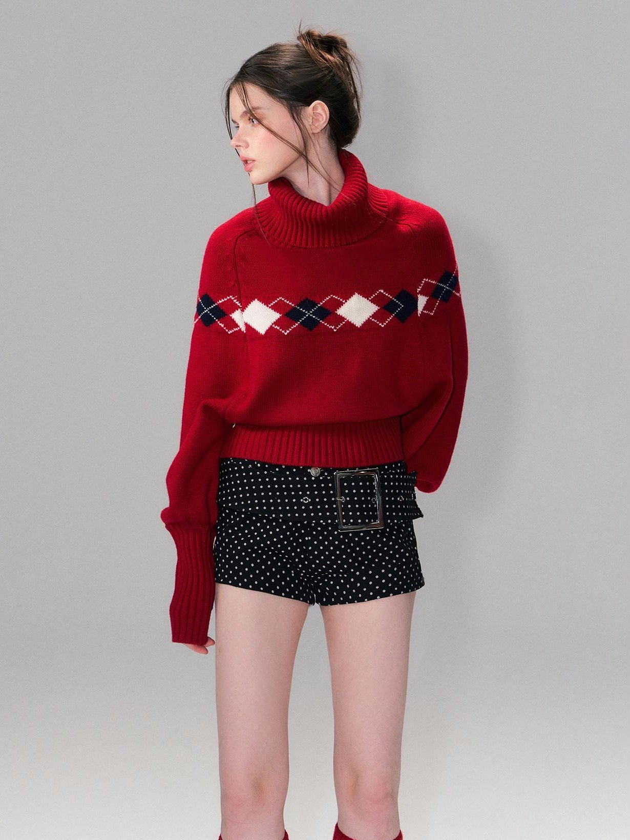 The NeverMore Warm Wool Pullover Vintage Jacquard Cape Batwing Women High Neck Red Sweaters