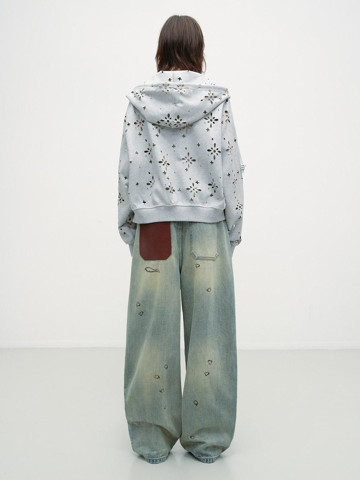 RUN TO THE FUTURE Durable Washed Low Rise Asymmetrical Vintage Unisex Printed Denim Wide-Leg Jeans