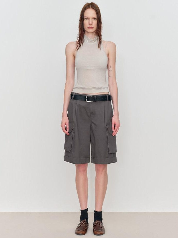 RUN TO THE FUTURE Low Rise Pockets Wide Leg Loose Cotton Women Dark Gray Zip Fly Short Trousers