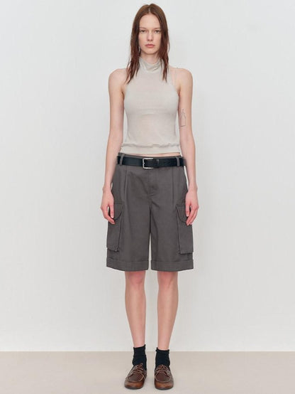 RUN TO THE FUTURE Low Rise Pockets Wide Leg Loose Cotton Women Dark Gray Zip Fly Short Trousers