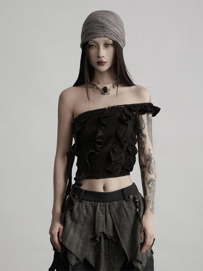 INDULGE Spliced Patchwork Original Slim Fit Solid Black Women Bandeau Tops
