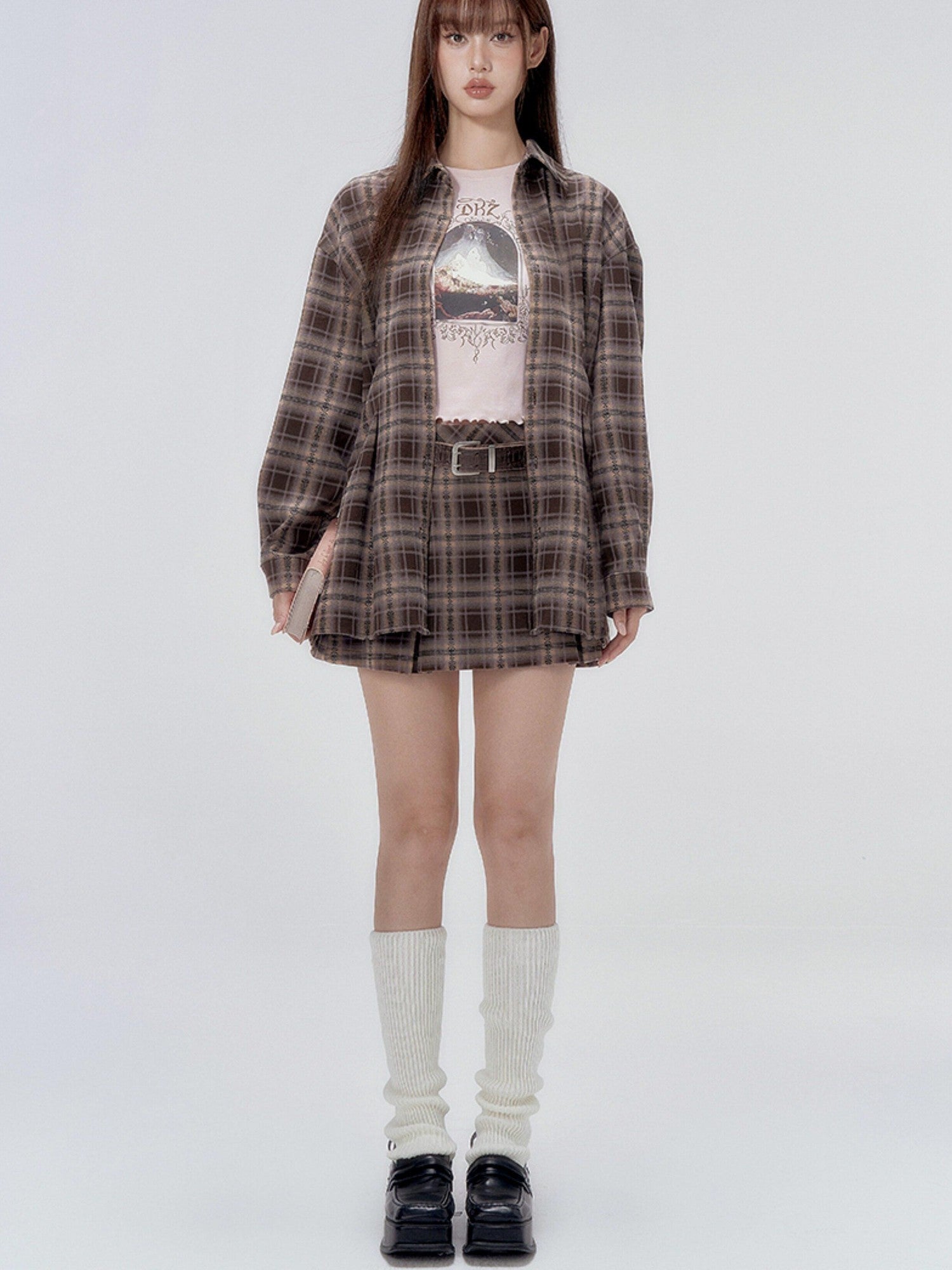 DKZ OFFICIAL Plaid Shirred Drop Shoulder Women&