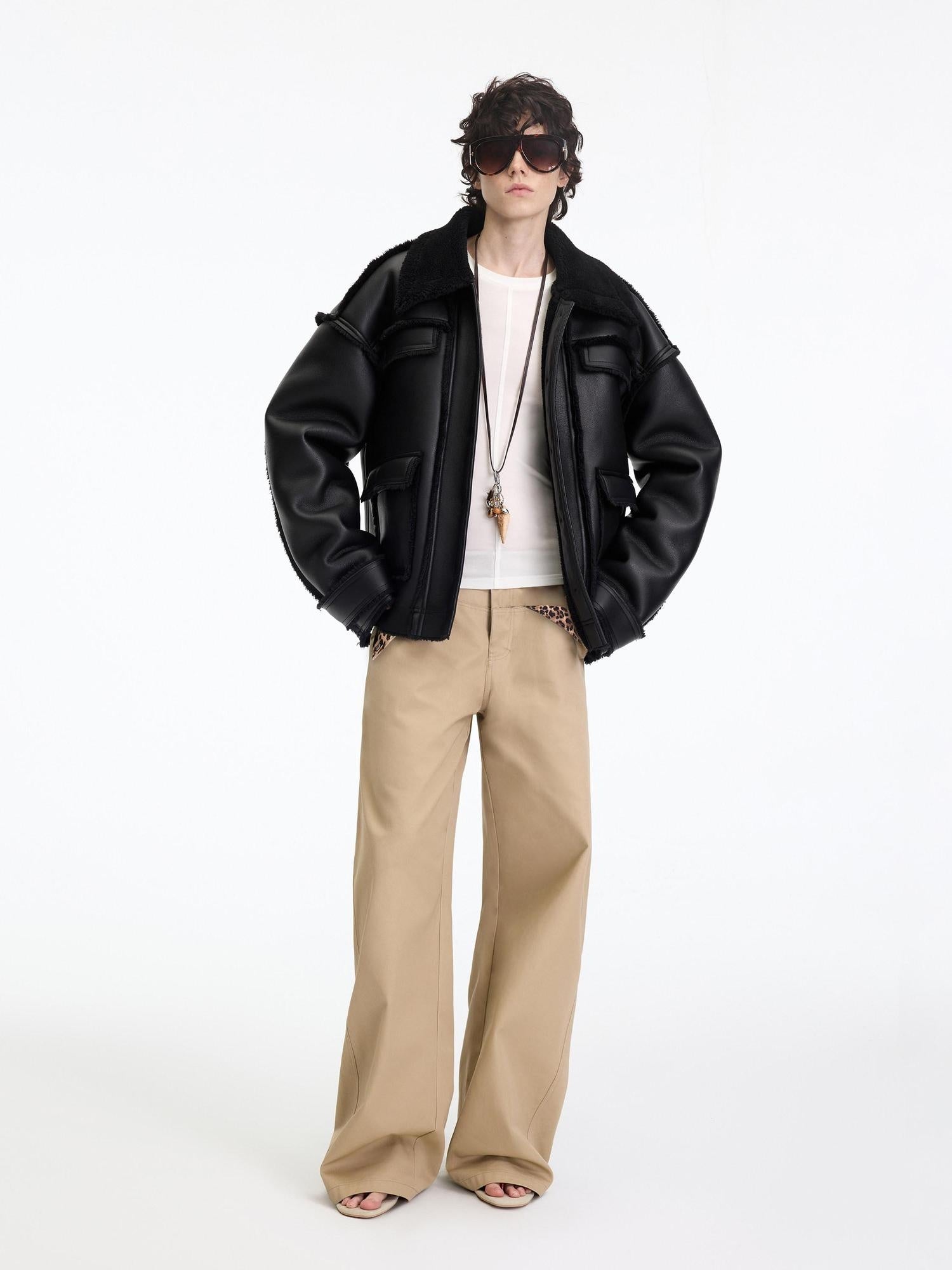 RUN TO THE FUTURE Leopard Patchwork Casual Loose Straight Leg Mid Rise Zip Fly Cotton Khaki Chinos