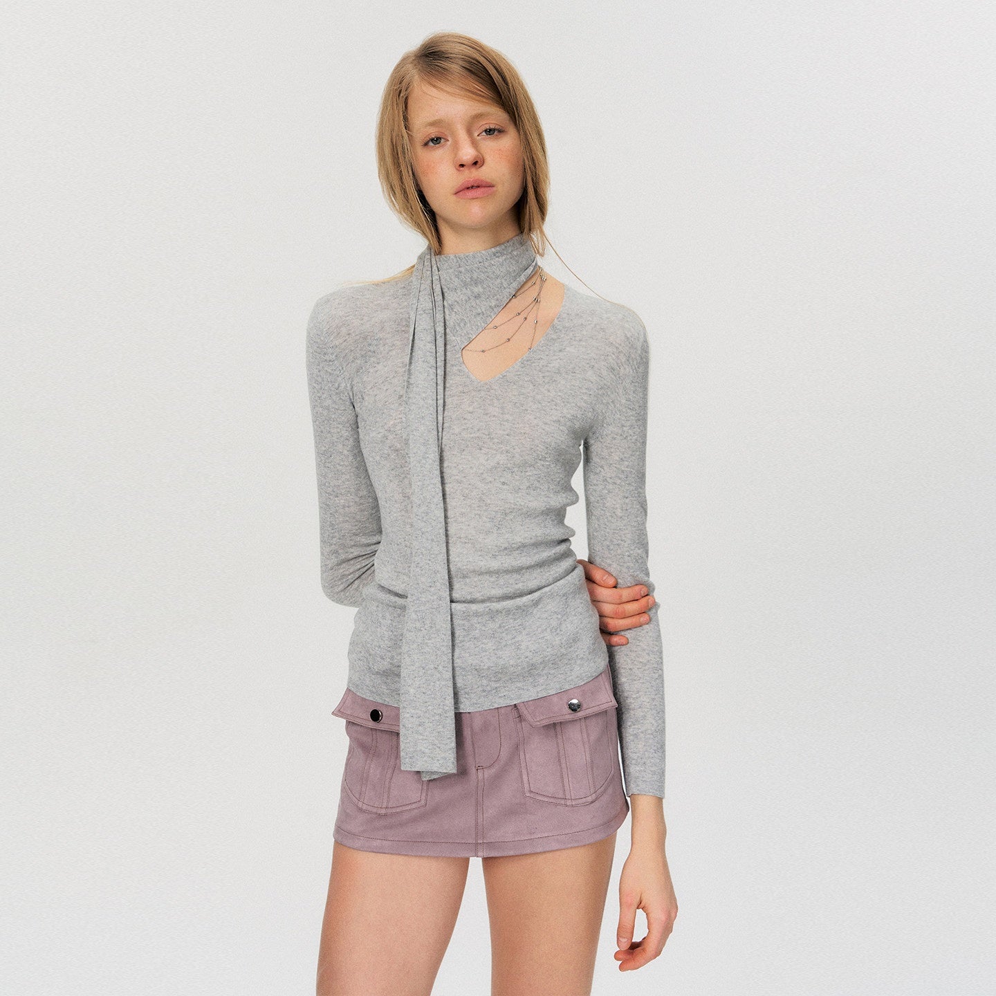 The NeverMore Soft Wool Blend Slim Knit Pullover Womens Casual Grey Pink Long Sleeve T-Shirts