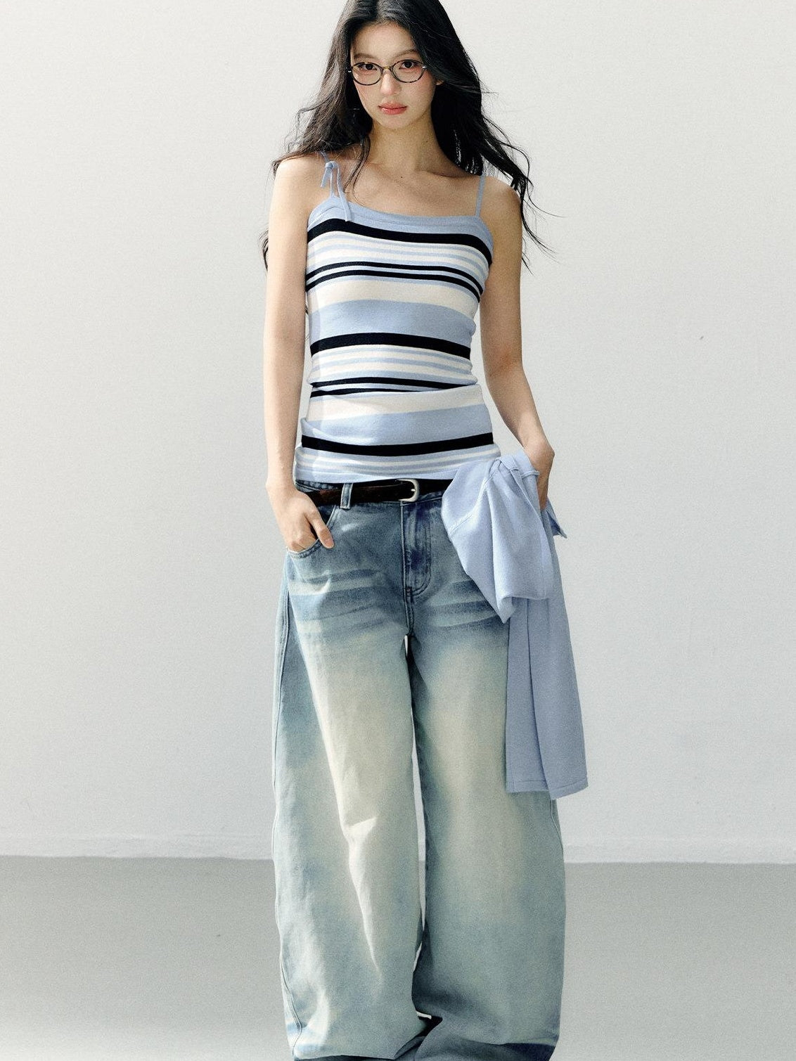 7Shiftin Washed Cotton Natural Waist Girly Zip Fly Non Stretch Blue Women Wide Leg Jeans