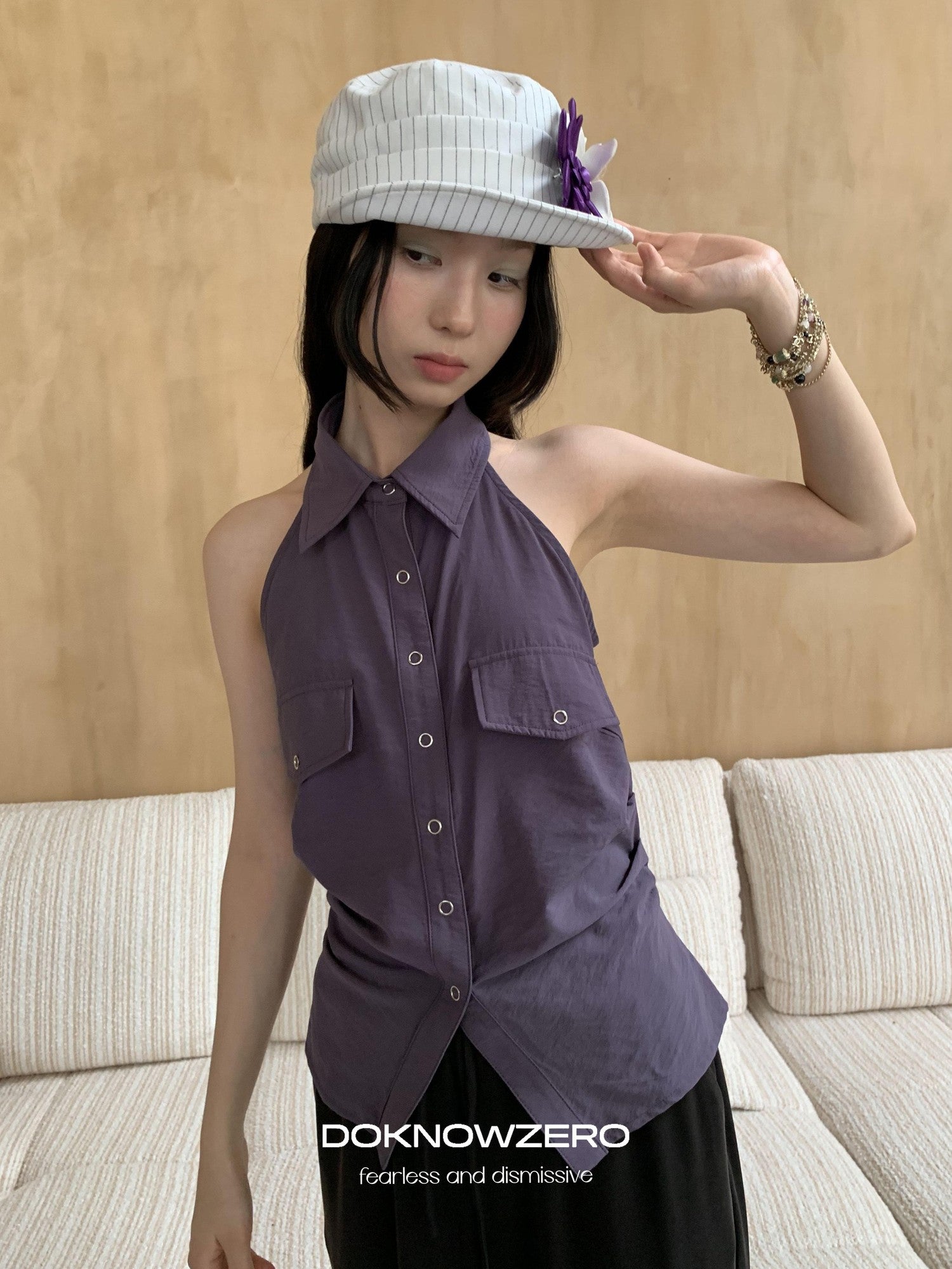 DKZ OFFICIAL Purple Halter Neck Shirt Style Lapel Collar Tie Waist Women&