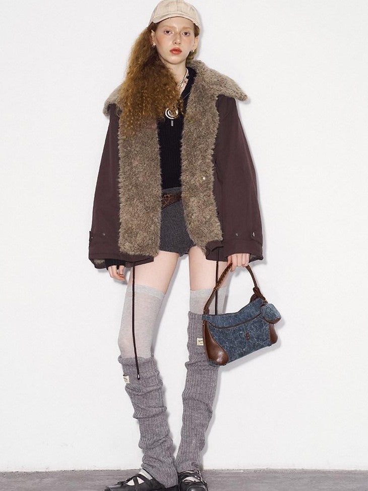 DIDDI MODA Fuzzy Pocket Open Cardigan Knitted Two Piece Women&