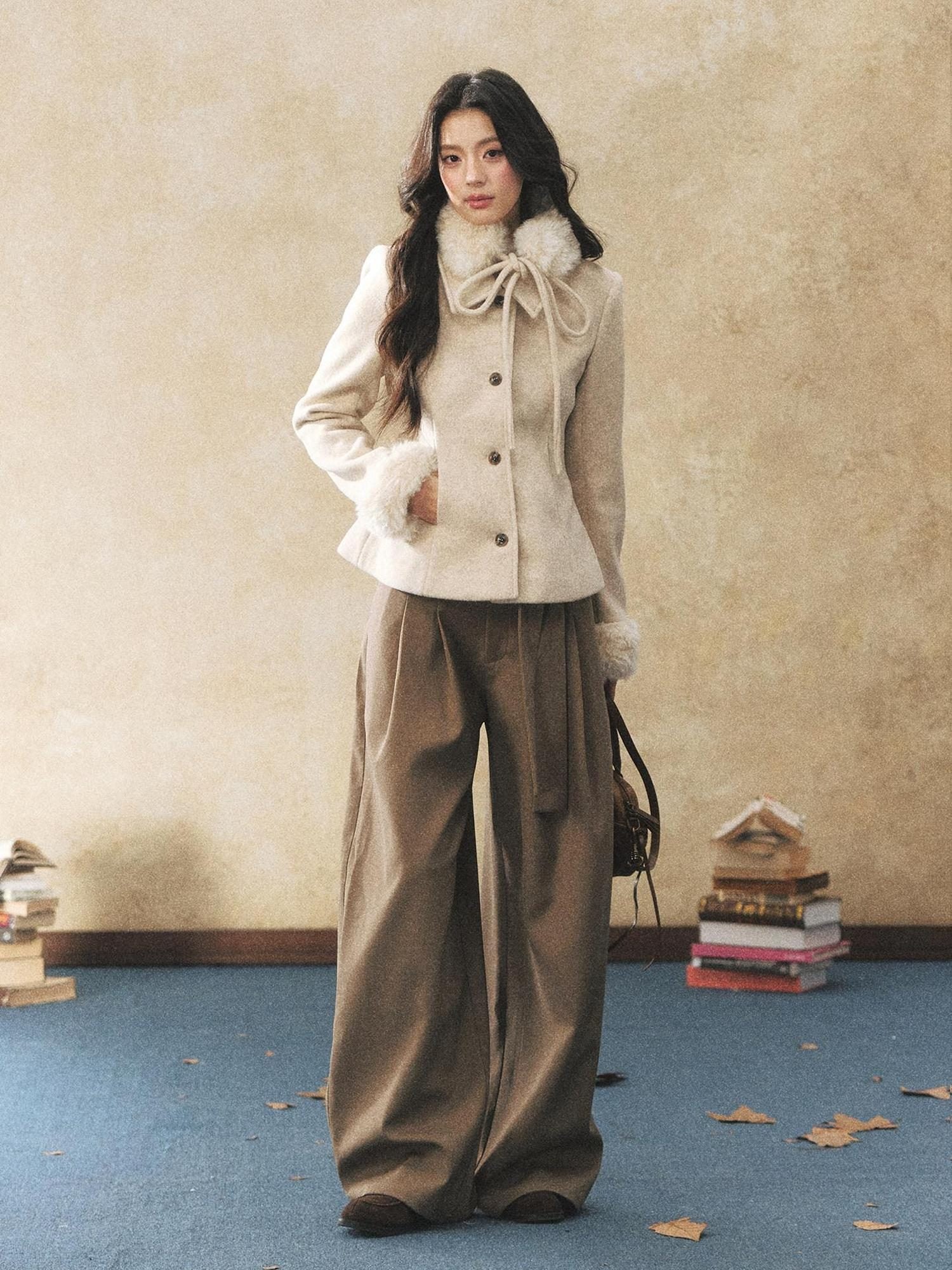 7Shiftin Pleated Wool Blend Natural Waist Casual Straight Hem Khaki Women Wide Leg Pants