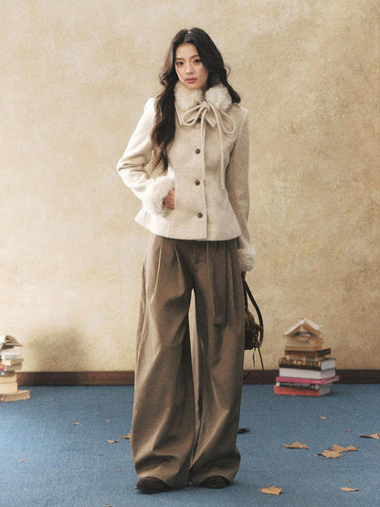 7Shiftin Pleated Wool Blend Natural Waist Casual Straight Hem Khaki Women Wide Leg Pants
