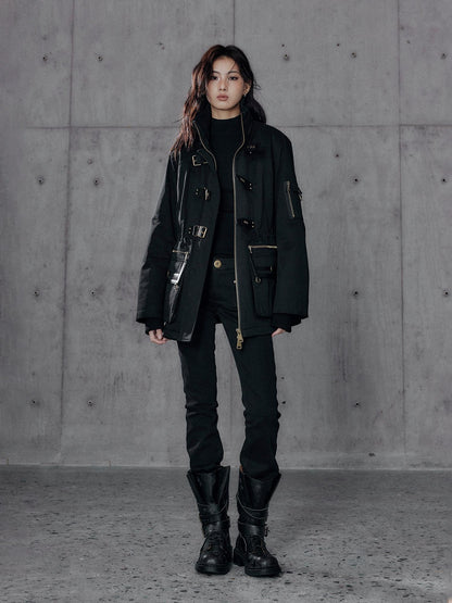 Low pixel Warm Cotton Utility Cinched Waist Multi Pocket Hooded Women Black Puffer Jackets