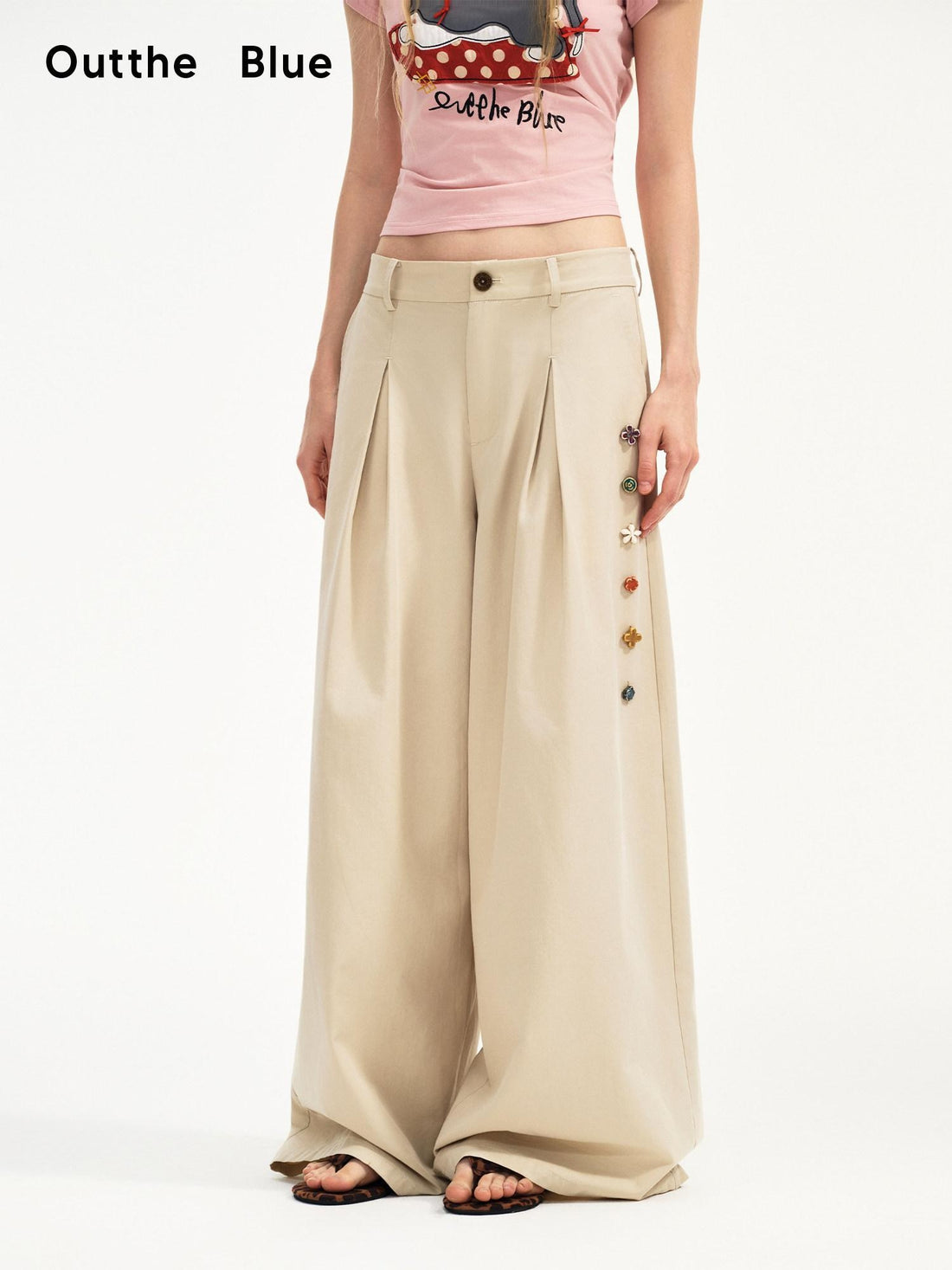 OuttheBlue Cotton Lyocell Minimal Natural Waist Zipper Light Grey Khaki Wide Leg Pants