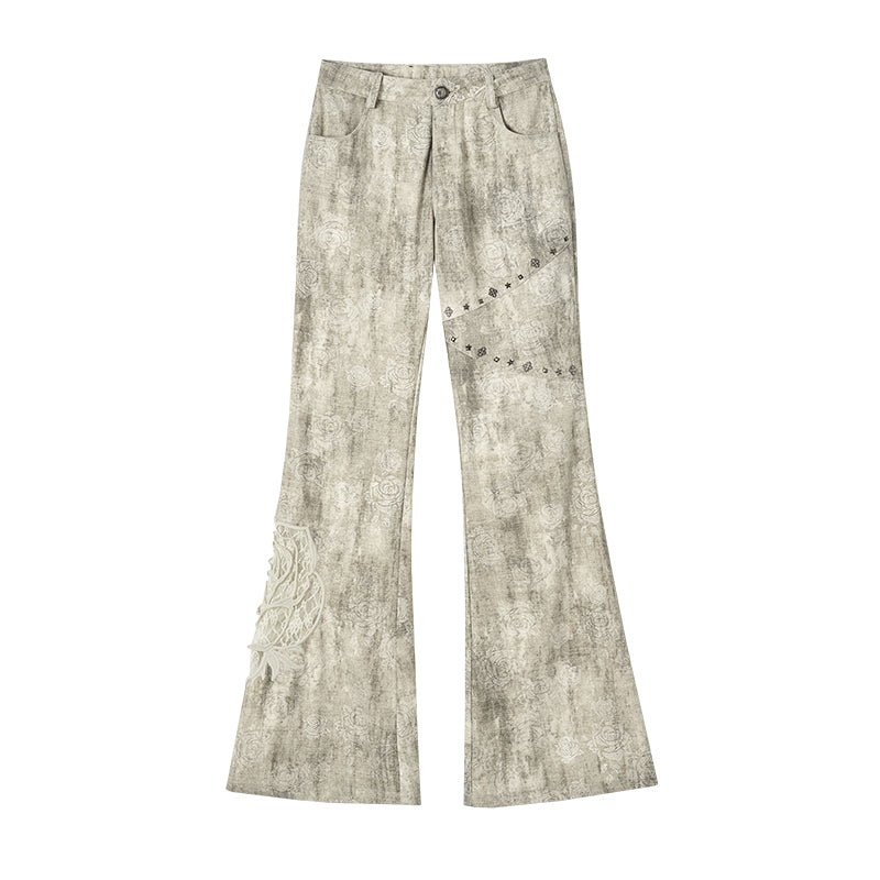 NO ROMANCE Vintage Punk Distressed Embroidered Rose Flared Pants Low-Rise Jeans