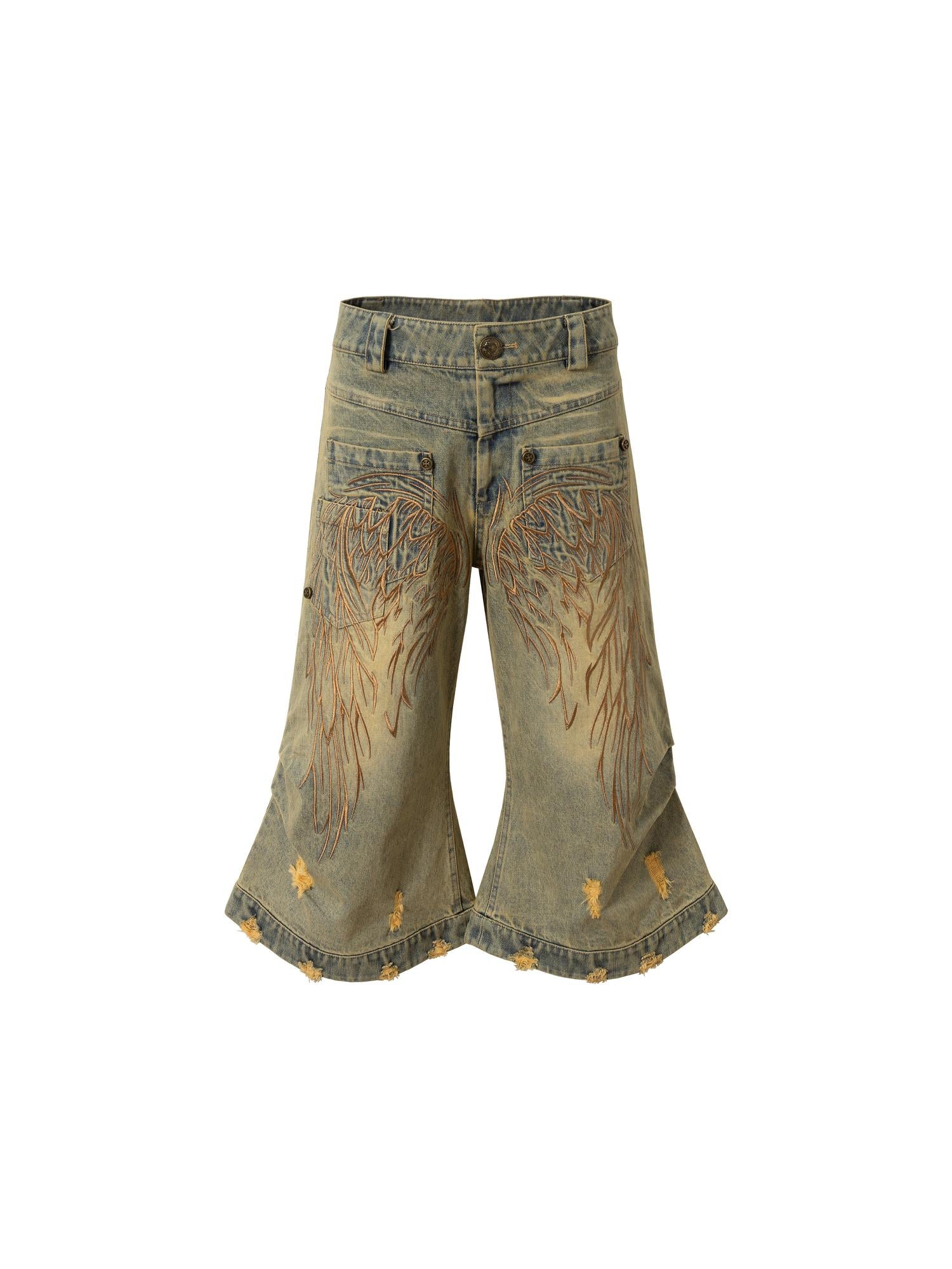 NO ROMANCE Vintage Punk Street Distressed Embroidered Wide Leg Cropped Jeans