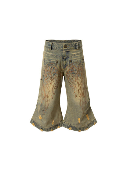 NO ROMANCE Vintage Punk Street Distressed Embroidered Wide Leg Cropped Jeans