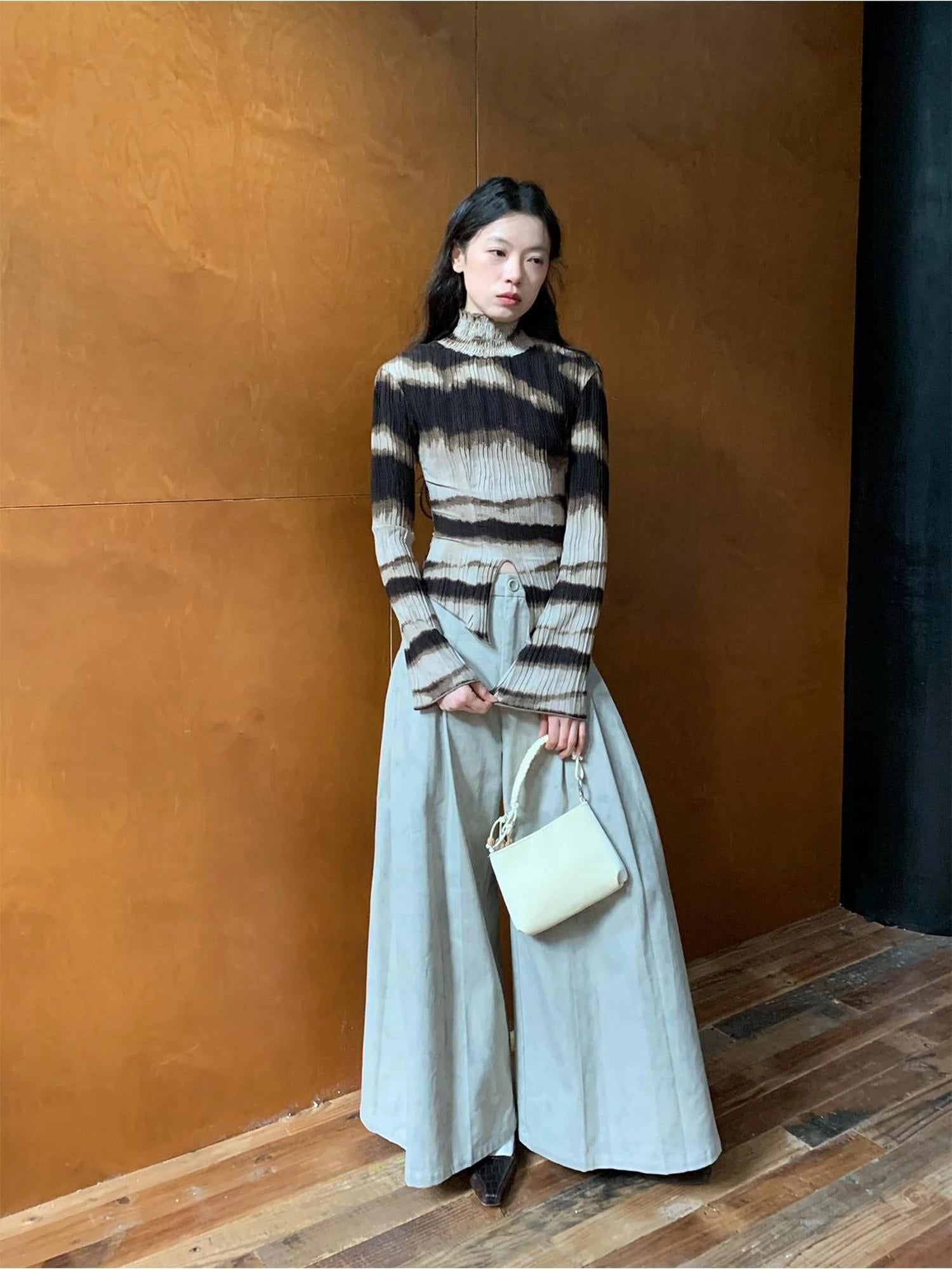 Textured Print High Neck Long Sleeve Tee