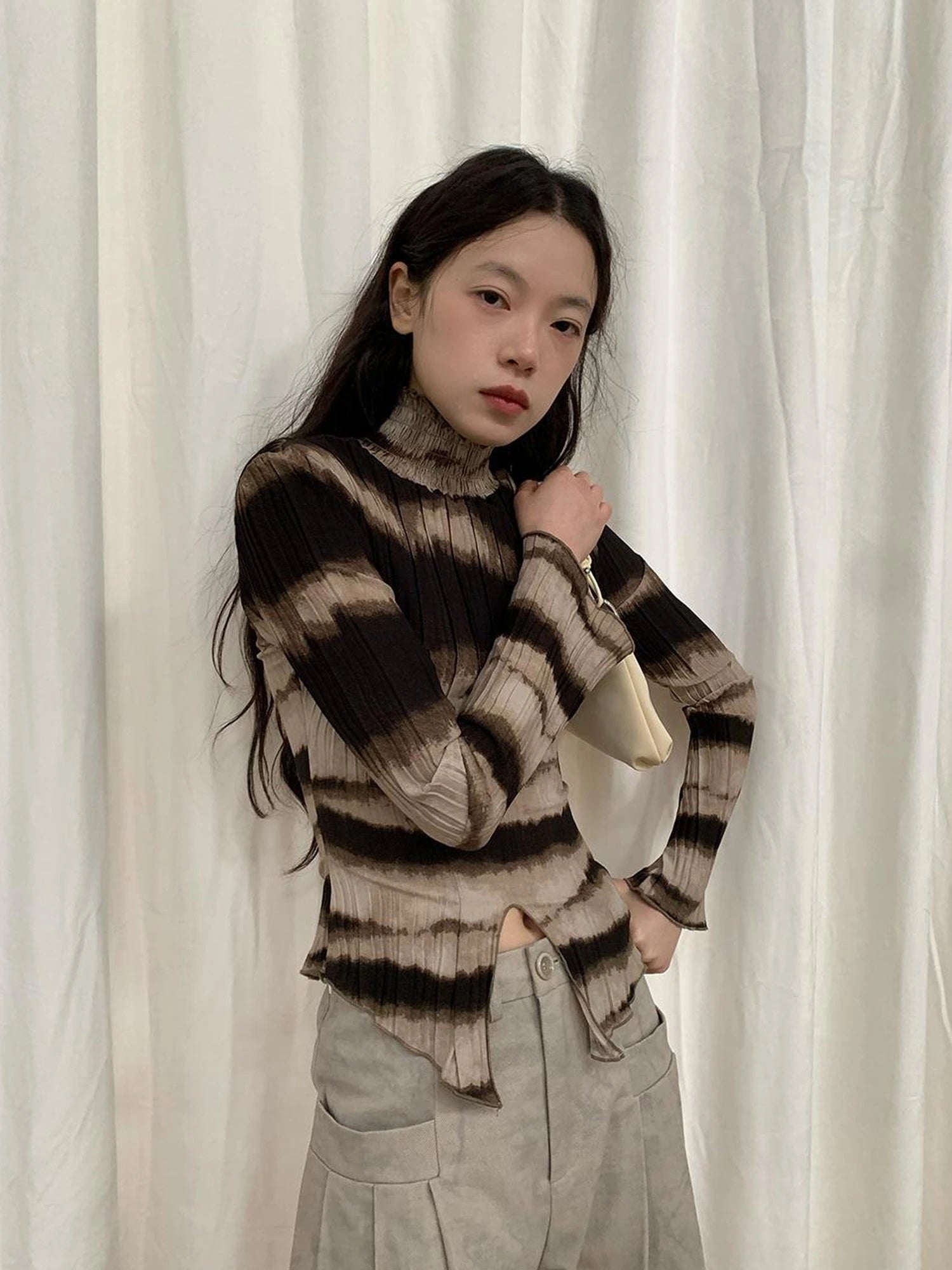 Textured Print High Neck Long Sleeve Tee