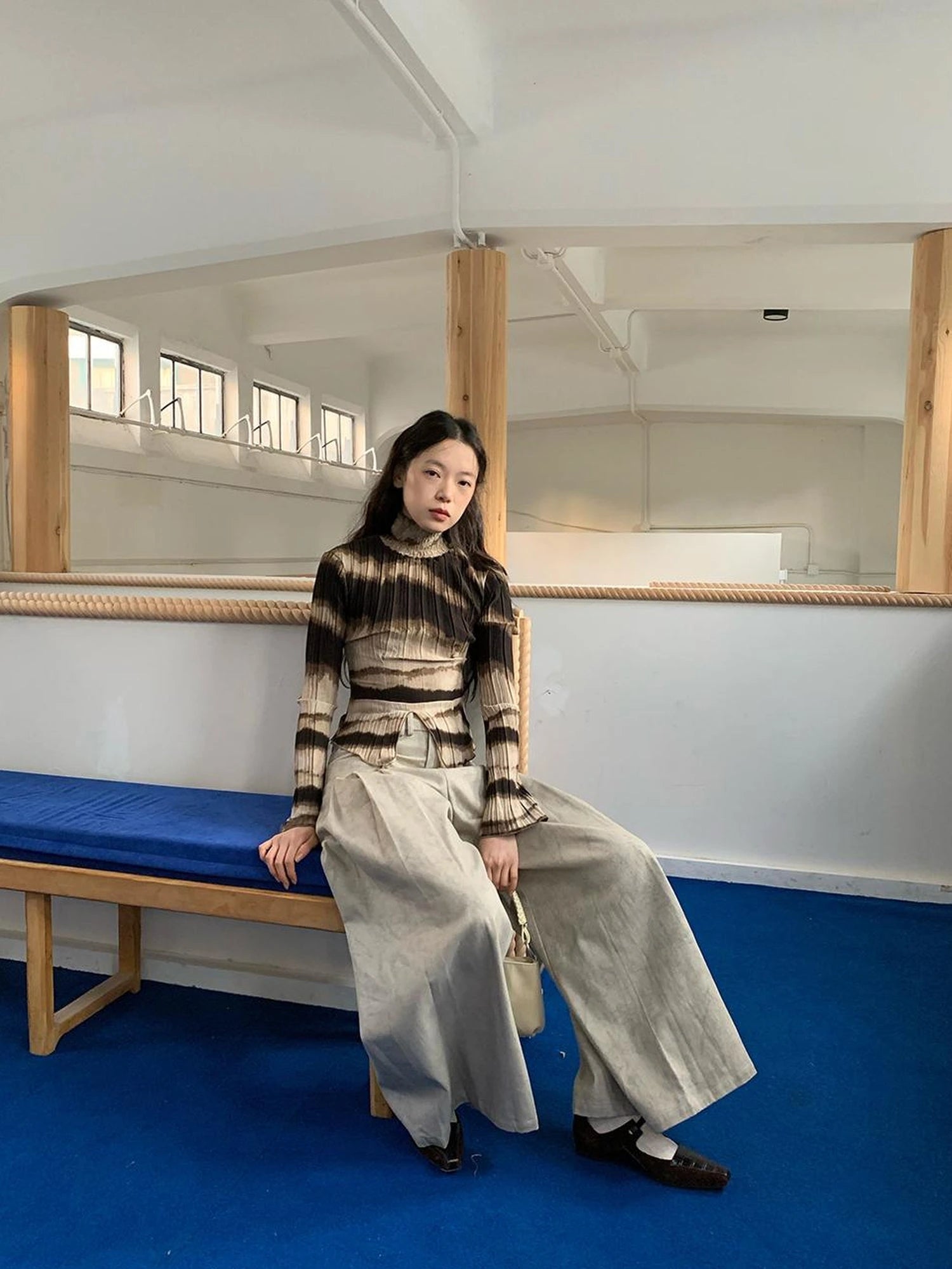 Textured Print High Neck Long Sleeve Tee